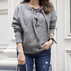 Zara Gray Lace-Up Women's Sweater | Wool Sweater | Size M